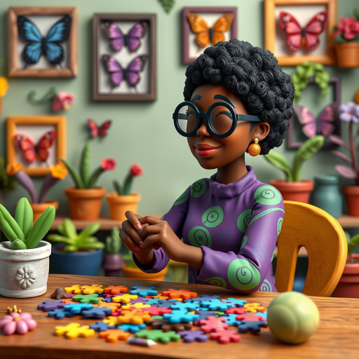 A vibrant and whimsical illustration of an african american woman sitting at a table working on a colorful jigsaw puzzle. she is wearing round glasses, and patterned clothing in shades of purple and green.  The background features an eclectic collection of framed butterflies, potted plants, and other natural elements, creating a warm and inviting atmosphere. The style is playful and modern, with rich textures, intricate details, and a lively color palette.