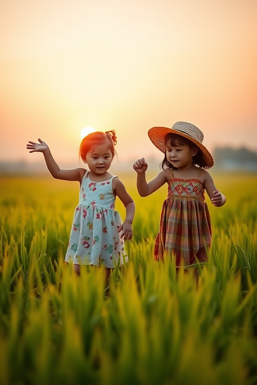 regenerate the image of two girls playing in a rice field at sunset, soft focus, aperture f/2.8, ISO 100, 50mm lens, natural light, DSLR camera, golden hour lighting, warm tones