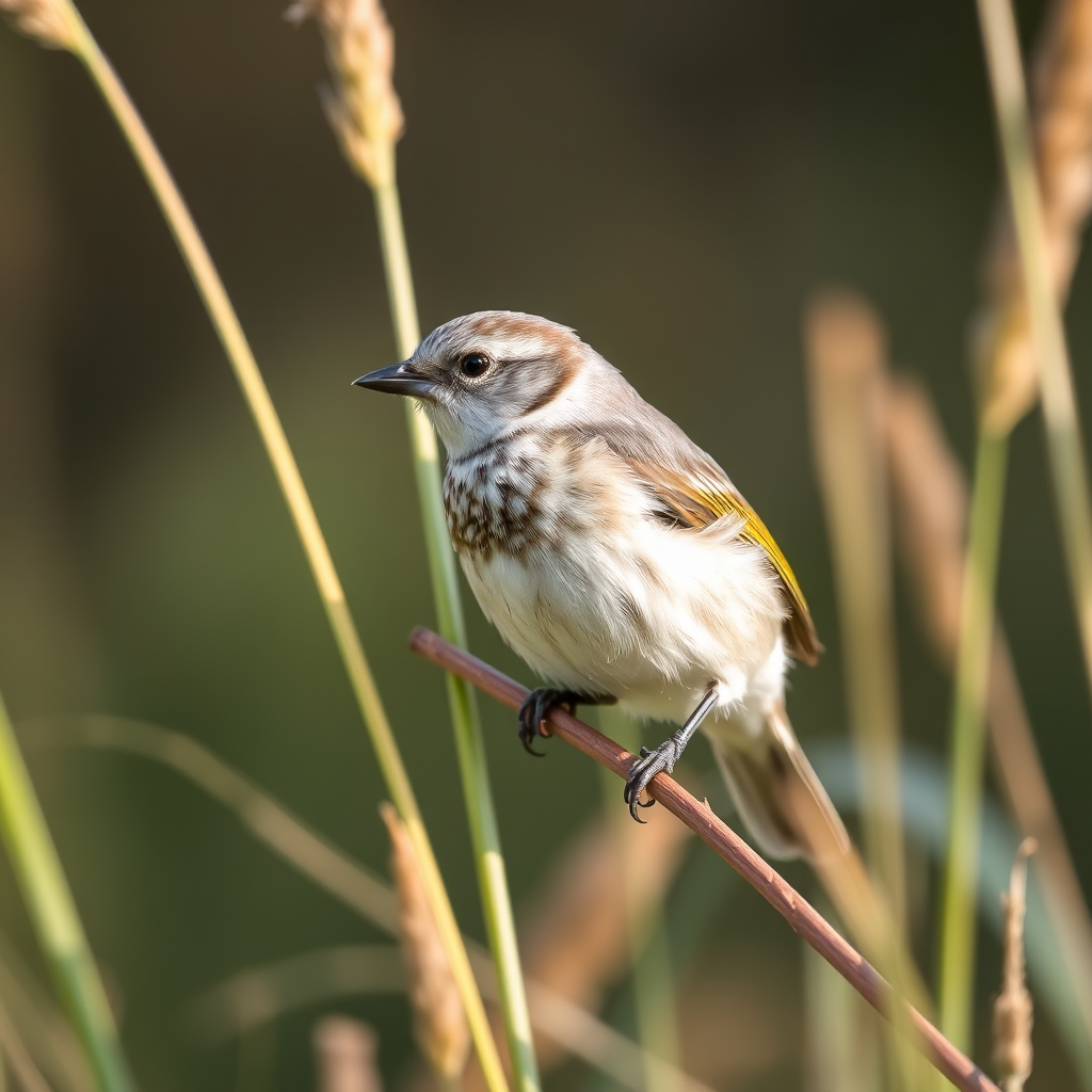 Capture a close-up of a small bird perched on a branch with tall grass in the background, soft focus on the background, natural lighting, aperture f/2.8, shutter speed 1/200s, ISO 100, DSLR camera, shallow depth of field.