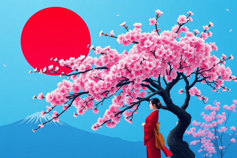 Create a vibrant illustration of a cherry blossom tree with pink flowers and a woman in a red kimono standing beside it, set against a blue background with the silhouette of Japan and a large red sun, using a DSLR camera with a 50mm lens, f/2.8 aperture, ISO 100, and a wide-angle view to enhance detail and color vibrancy.