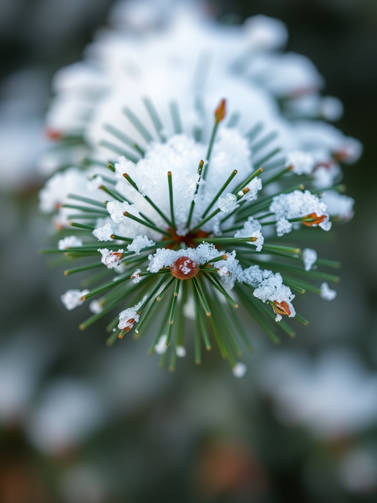 snow-covered pine branch with fine details and texture, soft natural lighting, shallow depth of field, macro lens, f/2.8, ISO 100, 1/200s, DSLR camera, focus on snowflakes and needles