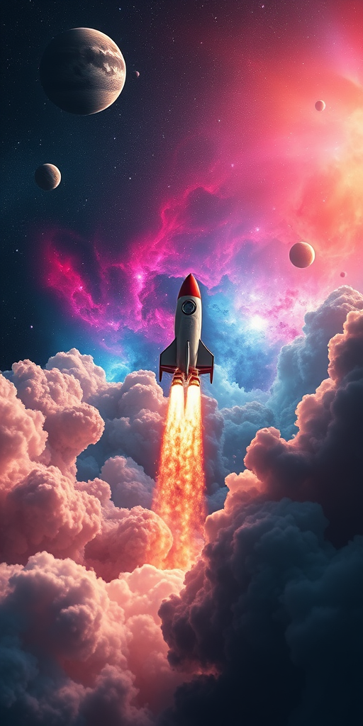 Create a vibrant and dramatic space scene featuring a rocket soaring through colorful nebula clouds, surrounded by distant planets and stars, captured with a DSLR camera at f/8, ISO 100, 1/200s, using a wide-angle lens for an expansive view in high dynamic range.