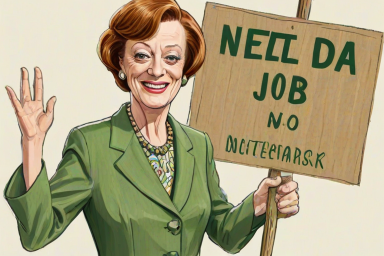 caricature of a smiling Maggie Smith in a Asparagus dress or suit, holding up a sign that says "NEED A JOB", no watermark,