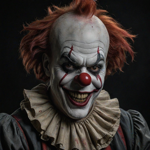 Create a hyper-realistic, dark, and eerie clown with a sinister smile, set against a black background. The clown should have exaggerated makeup with sharp, contrasting colors to enhance its menacing appearance. The overall atmosphere should be unsettling and intense, capturing a sense of horror and suspense