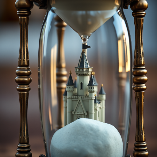 Capture a detailed close-up of an ornate hourglass with a castle model inside, using a DSLR camera at f/2.8 aperture, 50mm lens, ISO 100, 1/125s shutter speed, natural light, and a shallow depth of field for enhanced focus on the hourglass while softly blurring the background.