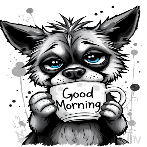 A quirky, artistic illustration of a disheveled akita pit dog breed with exaggerated, large eyes and spiky fur, holding a coffee mug that reads "Good Morning". The dog has a tired but humorous expression, with ink splatters and abstract details surrounding it, giving a whimsical feel to the image. The color palette is mostly monochrome with hints of blue in the eyes and steam rising from the mug, enhancing the overall sleepy vibe