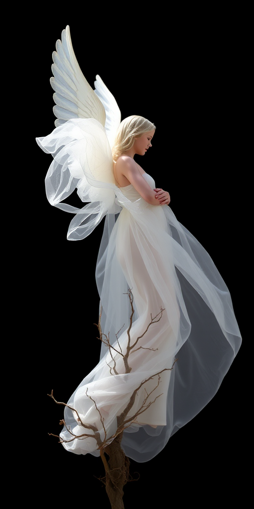 Create an ethereal angel figure with flowing transparent fabric and detailed tree branches emerging from the base, shot with a full-frame DSLR at f/1.8, ISO 100, with a 50mm lens, in soft natural light, from a slightly elevated angle to capture dynamic movement against a stark black background.