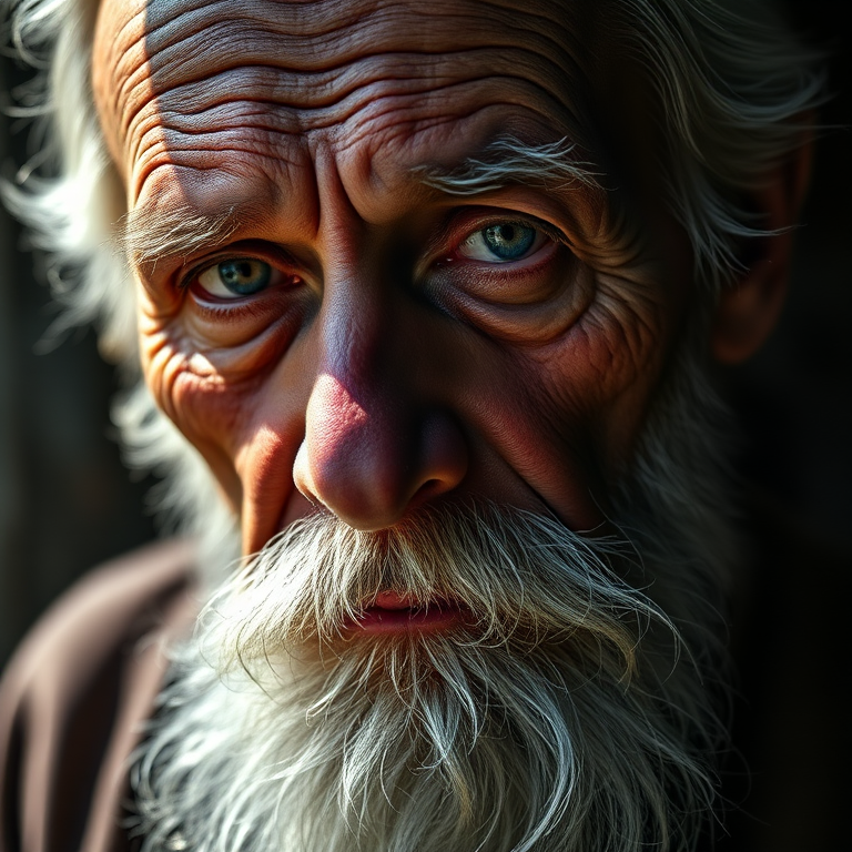 Generate an ultra-detailed portrait of an elderly man with a long beard and piercing eyes, capturing intricate facial textures and expressions, shot at 50mm with a shallow depth of field, ISO 100, f/1.8 aperture, in natural light with dramatic shadows, using a full-frame DSLR camera for high resolution.