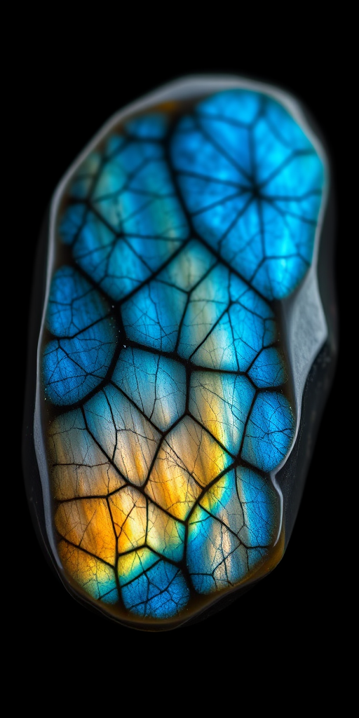 macro shot of a polished labradorite stone showcasing iridescent blue and gold hues against a dark background, f/8 aperture, ISO 100, 1/200s shutter speed, 50mm lens, soft natural lighting, studio setup