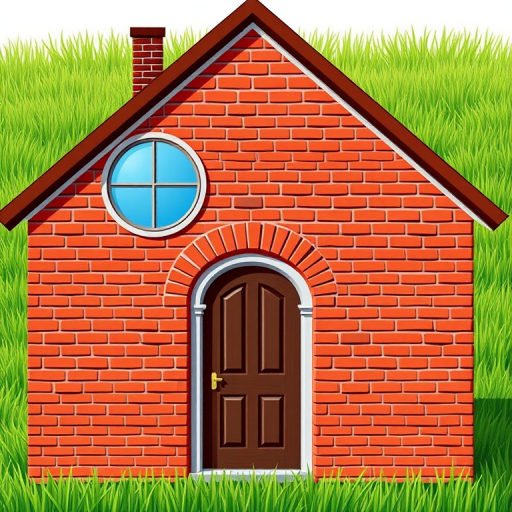 Create a vibrant illustration of a red brick house with a circular window and a brown door, set against a green grassy background, captured with a DSLR camera at f/8 aperture, ISO 100, 35mm focal length, in natural daylight for enhanced clarity and detail.
