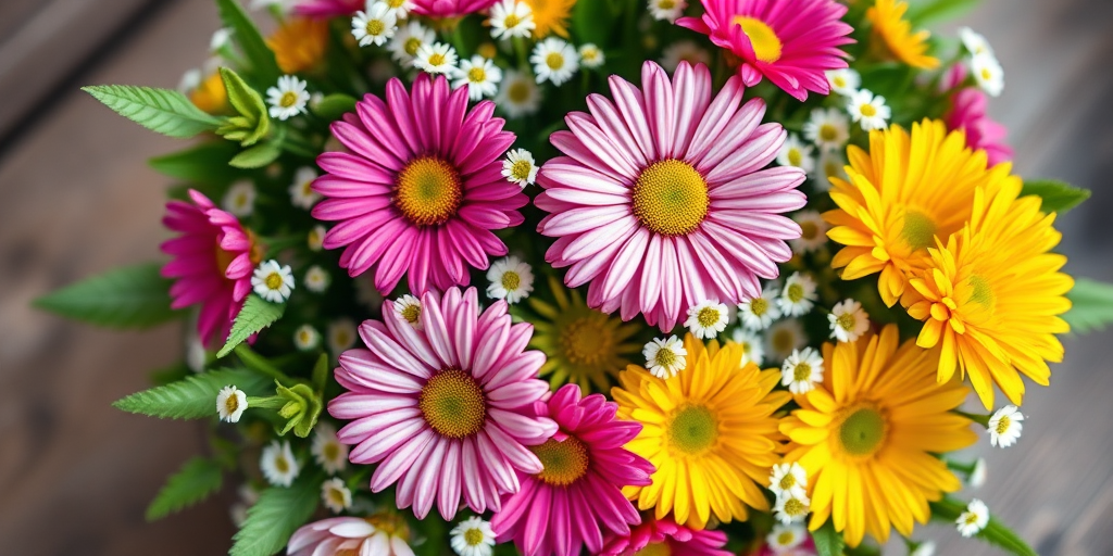 Generate a high-resolution image of a circular floral arrangement featuring vibrant pink and yellow daisies, surrounded by small white daisies and lush green leaves, captured with a macro lens at f/2.8, ISO 100, 1/125s, in soft natural lighting against a blurred background.