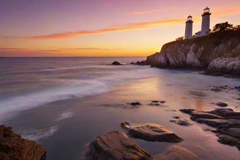Generate an image of a tall lighthouse perched on a rocky outcrop surrounded by calm ocean waters during a breathtaking sunset. The lighthouse stands sturdy and weathered, its stone surface illuminated by the warm golden light of the setting sun. The sun's rays pass directly through the glass lantern room at the top of the lighthouse, casting a brilliant light across the scene. The sky is painted with vibrant shades of orange, pink, and purple, reflecting off the tranquil sea. The surrounding water shimmers with the same warm hues, creating a serene and majestic atmosphere.