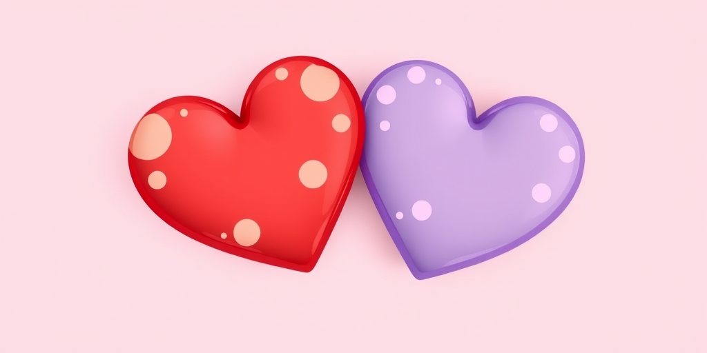 Create a high-resolution digital illustration of two cartoon hearts, one red with peach accents and polka dots, and one purple with lavender accents and polka dots, using a Canon EOS R5 camera, aperture f/2.8, ISO 100, 50mm lens, with a top-down view and soft lighting for vibrant colors.