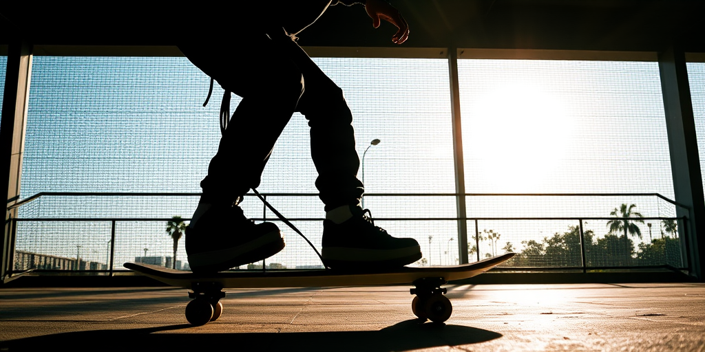Create a high-resolution image of a stylized silhouette of a person riding a skateboard, taken with a Canon EOS R6, 50mm lens, f/1.8 aperture, ISO 200, in natural daylight, with a dynamic angle view to enhance action and depth.