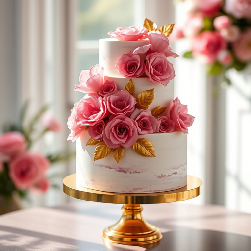 Create a hyper-realistic image of a three-tiered floral cake on a gold pedestal stand, featuring intricate pink flowers and golden leaves, with soft natural lighting, a shallow depth of field, taken with a DSLR camera at f/2.8, 50mm lens, 1/125 sec shutter speed, and ISO 100.