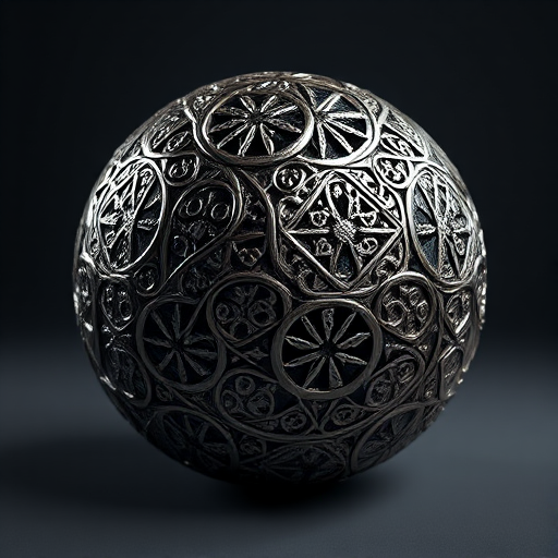 Create a 3D render of a metallic sphere with intricate patterns, using a Canon EOS R5 camera, aperture f/8, ISO 100, shutter speed 1/125, 50mm lens, soft studio lighting, and a slight low angle view to emphasize texture and details.