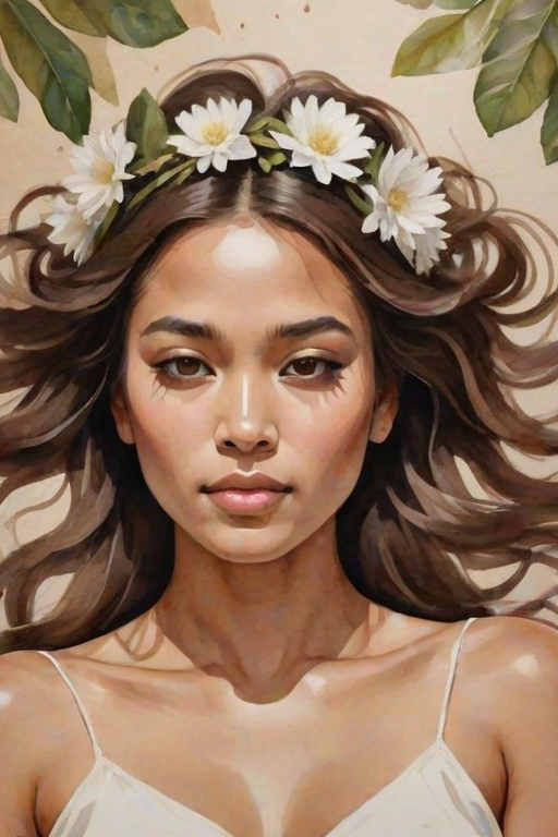 create a watercolor painting of an ethereal portrait of beautiful Aymara woman with a simple white flower crown on her head. Her hair is long and she is lying on the ground. The sunlight on the trees casts shadows from the leaves on her face and body. The background is a neutral brown color that matches her skin tone. The image is minimalist and solid colors. This style is characterized by soft, delicate brushstrokes and a light, airy, contrasting color palette. High level of detail and play of light