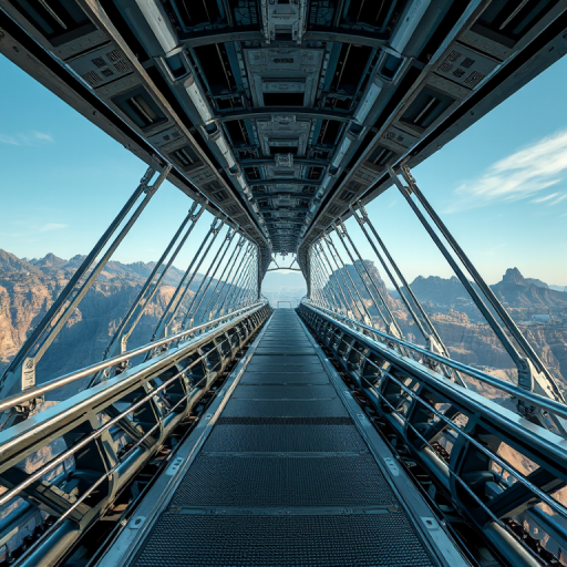 futuristic bridge in a sci-fi setting, highly detailed with metallic textures and realistic shadows, panoramic view, wide-angle lens, 50mm focal length, ISO 100, aperture f/8, high dynamic range imaging for enhanced lighting effects and depth