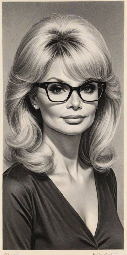 Magnificent Loni Anderson, pencil sketch, portrait of Charming woman 1976s in glasses, hair style beatnik, outline, clear lines, fine lines, 8k