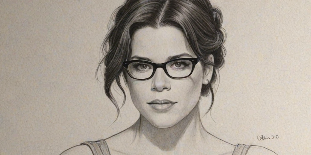 Delightful Neve Campbell, pencil sketch, portrait of Stunning woman 1922s in glasses, hair style beatnik, outline, clear lines, fine lines, 8k