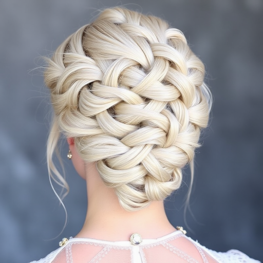 Silvery white waist-length braided updo adorned with crystal hairpins, dubbed "Winter's Embrace" hair, incorporating intricate knots and twists throughout