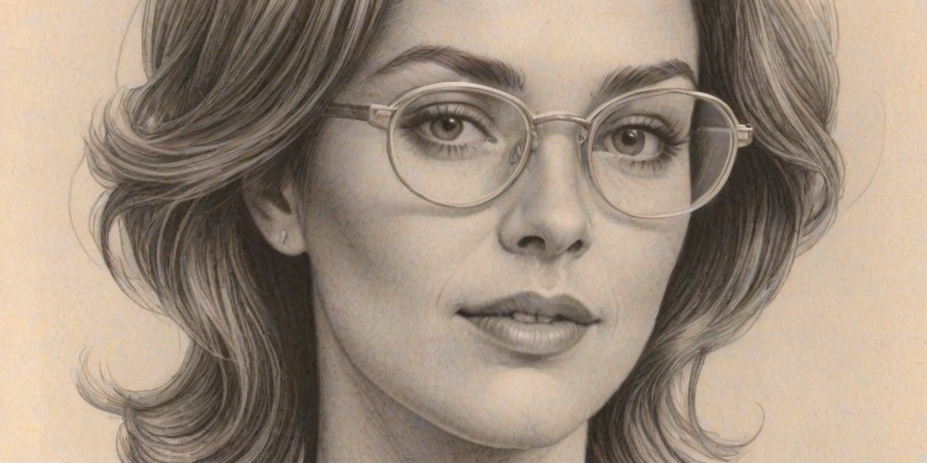 Stunning Bobbie Phillips, pencil sketch, portrait of Resplendent woman 1972s in glasses, hair style beatnik, outline, clear lines, fine lines, 8k