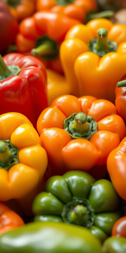vibrant assortment of bell peppers in red, yellow, orange, and green, macro photography, f/2.8 aperture, ISO 100, 50mm lens, soft natural light, shallow depth of field, high-resolution image