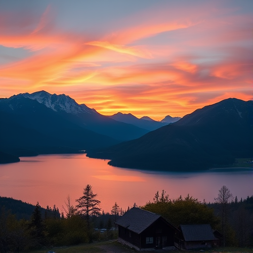 Generate a high-resolution image of a serene landscape with mountains and a lake at sunset, using a DSLR camera with a 50mm lens, aperture set to f/1.8, ISO 200, and a shutter speed of 1/125 sec, captured from a low angle view to enhance depth and perspective.