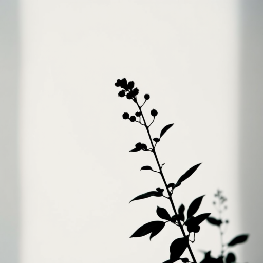 Generate a high-quality image of a minimalist black plant silhouette on a plain white background, using a 50mm lens, f/1.8 aperture, ISO 100, shot from eye level in a natural light setting with a shallow depth of field for enhanced focus.