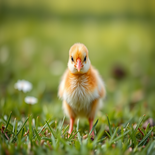 Generate a high-resolution image of a cute chick standing on green grass with a soft focus background, using a DSLR camera at f/2.8 aperture, 1/500 sec shutter speed, ISO 200, natural daylight, and an angle that captures the chick at eye level.
