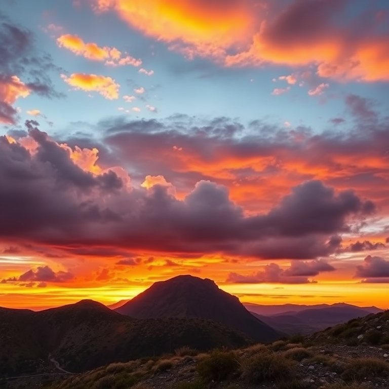 Generate a high-quality image of a sunset over a mountain landscape with vibrant colors and dramatic clouds, shot with a DSLR camera at f/8 aperture, ISO 100, 1/250s shutter speed, using a wide-angle lens from a low angle for an immersive perspective.