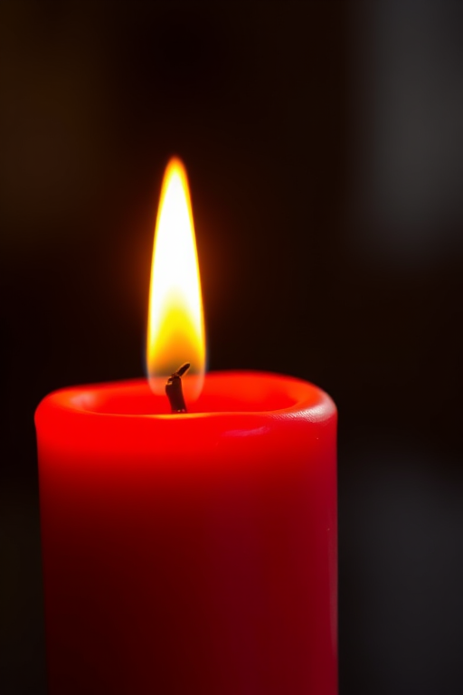 Create a realistic image of a red candle with a glowing flame, using a DSLR camera with a 50mm lens, aperture set to f/2.8, ISO at 100, and soft natural lighting for enhanced detail and warmth.