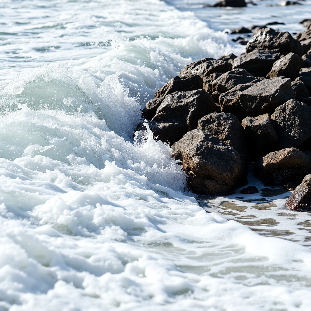 Capture a high-resolution image of waves crashing against a rocky shore, focusing on the dynamic movement of the water with a shutter speed of 1/1000s, aperture set at f/8 for depth of field, using a wide-angle lens on a DSLR camera, in bright daylight conditions to enhance colors.