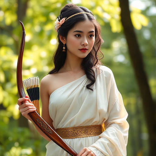 Create a portrait of a goddess-like Singaporean girl figure in a tranquil, forested environment. She has an elegant appearance with long, wavy hair styled in an updo and adorned with a delicate, floral headband. She wears a flowing, ancient Greek-inspired gown in a soft, pale color, featuring a one-shoulder design and draped fabric that accentuates her graceful form. The outfit includes a decorative belt with ornate gold detailing, and she holds a bow in her hand, with a quiver of arrows slung over her shoulder. The background depicts lush greenery, with sunlight filtering through the trees, casting a gentle, ethereal light on the scene. Her expression is calm and contemplative, embodying a sense of wisdom and serenity.