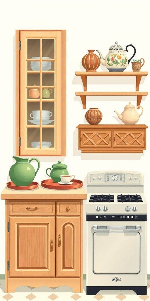 Create a high-resolution vector illustration of vintage kitchenware and furniture featuring a glass-fronted cabinet, a decorative teapot, a ceramic pitcher, a green vase, a round tray with a small cup, a wooden sideboard, a bowl with a lid, and a traditional stove, captured in a flat lay perspective with bright, even lighting, using a DSLR camera at f/8 aperture and a 50mm lens for clarity.