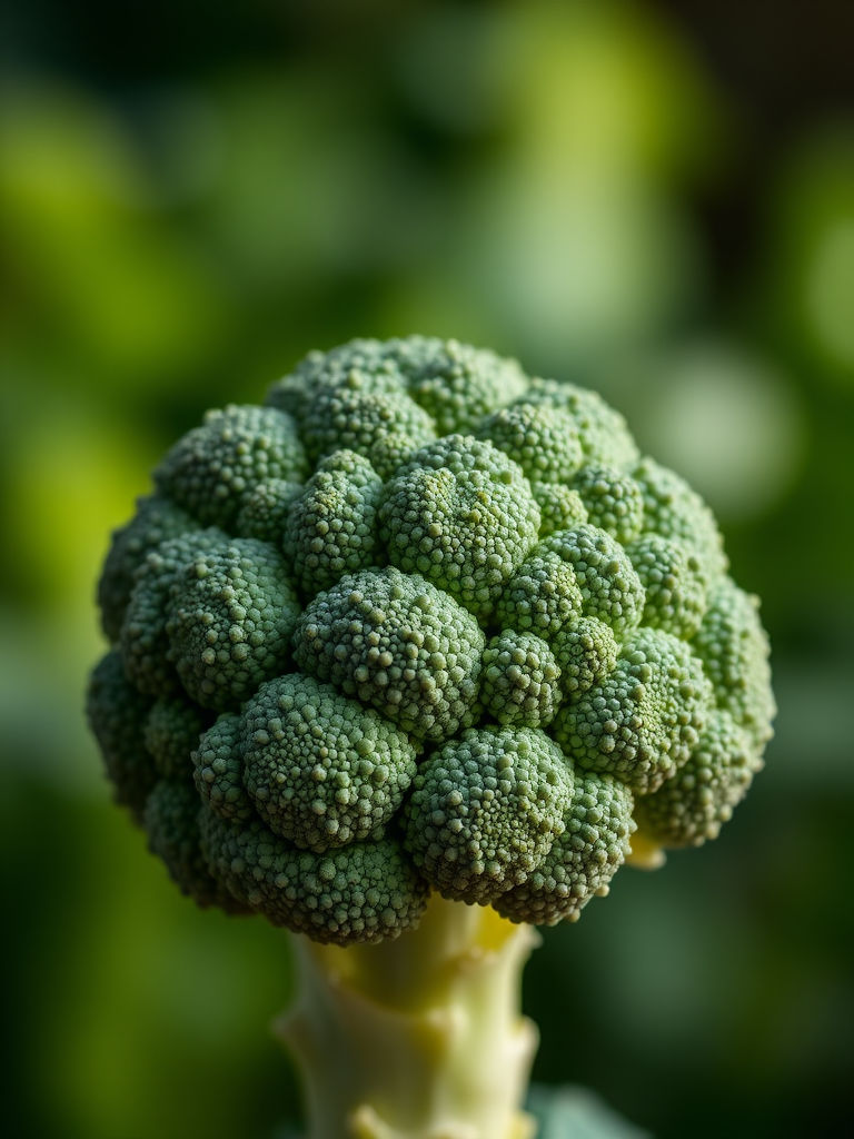 Fresh broccoli against a blurred green background, macro view, 50mm lens, f/2.8 aperture, ISO 100, natural lighting, high resolution