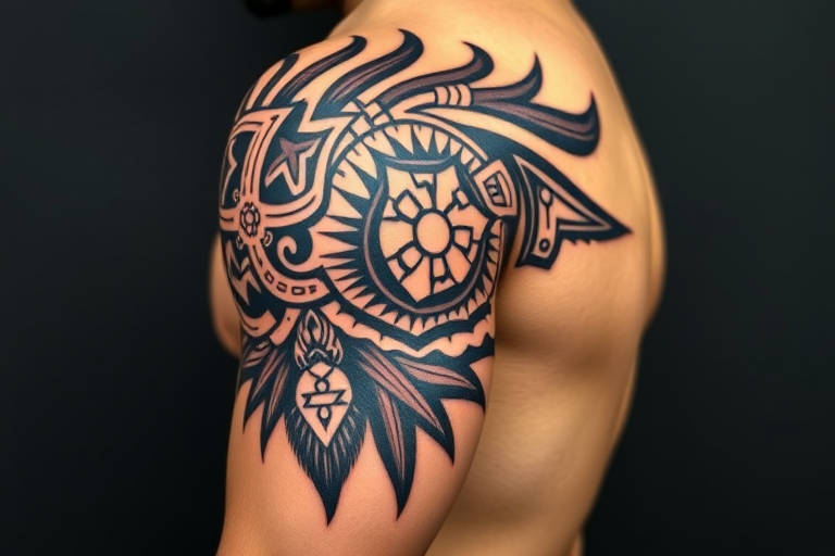 Powerful Polynesian tribal tattoo wrapping around the bicep and shoulder, featuring bold geometric patterns and cultural symbols, utilizing thick black lines and negative space for a strong visual impact