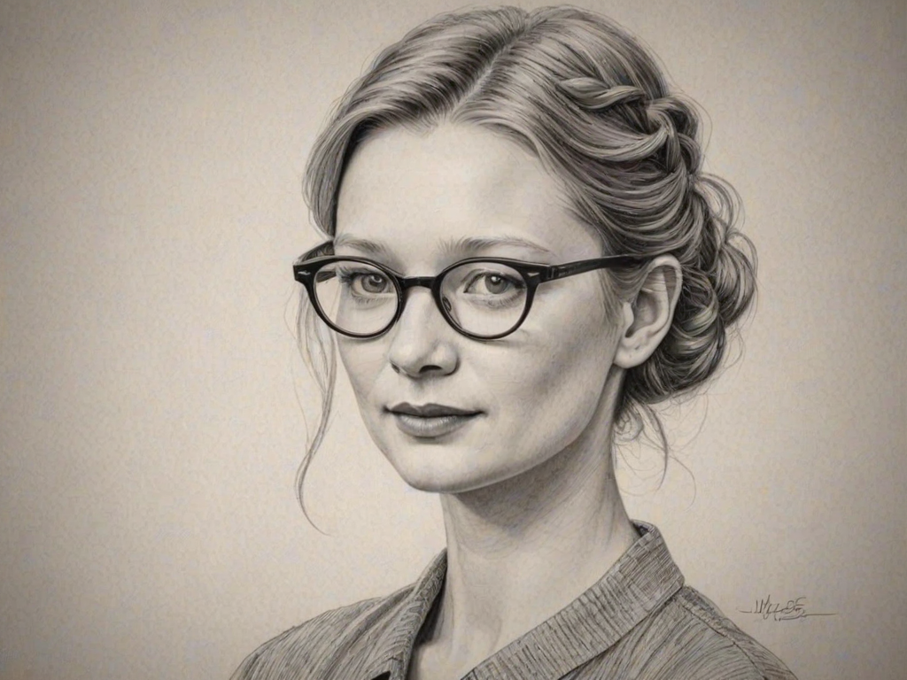 Enchanting Mia Wasikowska, pencil sketch, portrait of Delightful woman 1945s in glasses, hair style beatnik, outline, clear lines, fine lines, 8k