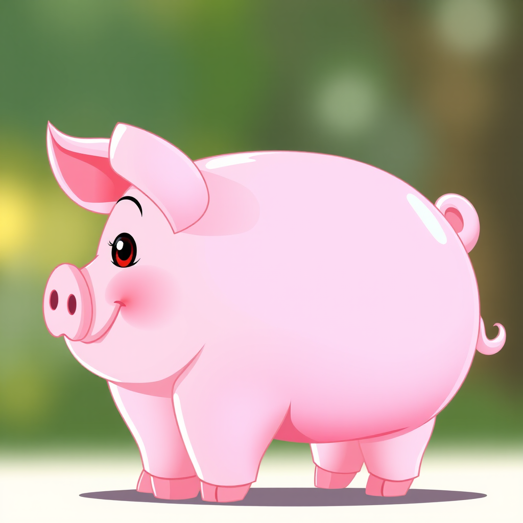Create a high-resolution vector illustration of a cartoon pig facing left, with a glossy pink finish, detailed shading, and a cute expression, using a soft-focus lens, f/2.8 aperture, 50mm focal length, shot in natural light.