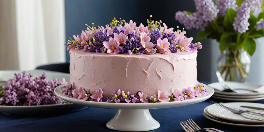 Generate an image of a beautifully decorated cake on a white cake stand. The cake features a pink frosting topped with edible flowers, particularly lilacs, and is placed on a table with a dark blue cloth. Surrounding the cake are small plates with fresh lilacs, adding a touch of elegance to the scene. The background should have a soft focus to highlight the cake as the centerpiece.
