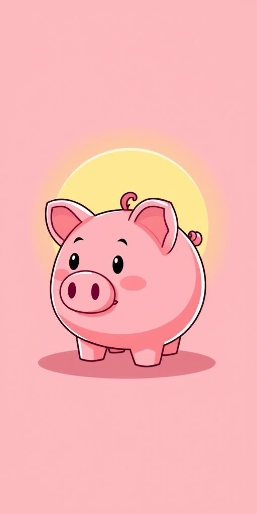 Create a vibrant illustration of a cartoon piggy bank with a sun behind it on a soft pink background using a DSLR camera with a 50mm lens, aperture f/1.8, ISO 100, and natural light for enhanced quality.