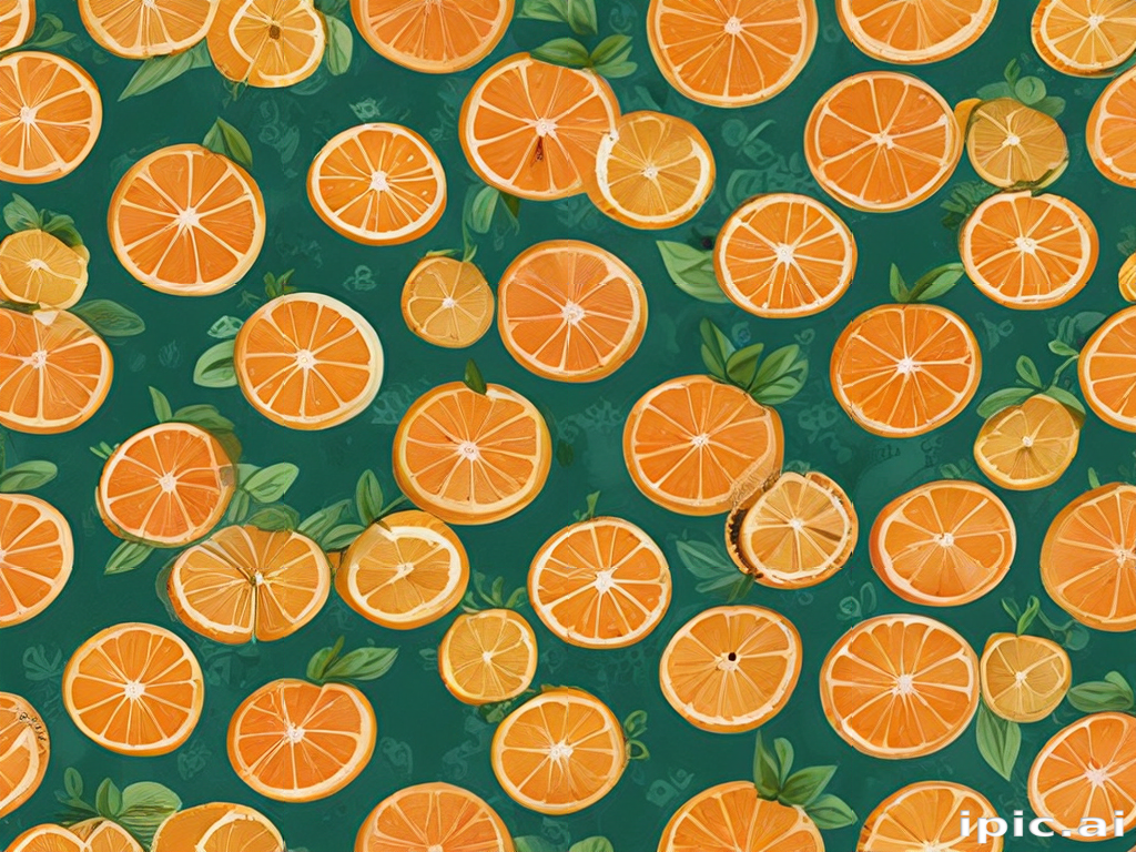 Vibrant Pattern of Freshly Sliced Oranges with Green Leaves Background.