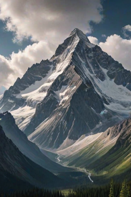 create a breathtaking mountain landscape with a towering peak partially shrouded in clouds and dramatic lighting, showcasing rugged terrain and distant snow-capped summits