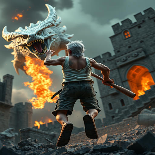 Cartoon 3D High-Resolution,dynamic battle scene using Unreal Engine 5 and Octane Render. The scene features back of an elderly, thai man with a beard,messy hair and round golden-rimmed glasses. He is wearing a tattered tank top with soot marks, shorts, and sandals. sweating. he wields a baseball bat. He jump to fight with a white fire-breathing Europe dragon amidst a partially destroyed stone castle. Include intense flames, smoke, and debris to enhance the dramatic effect.