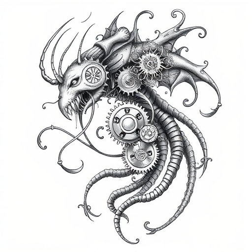 Surrealist bio-organic tattoo depicting a hybrid creature with mechanical gears and flowing tendrils, incorporating elements of steampunk and art nouveau styles in a monochromatic grayscale palette