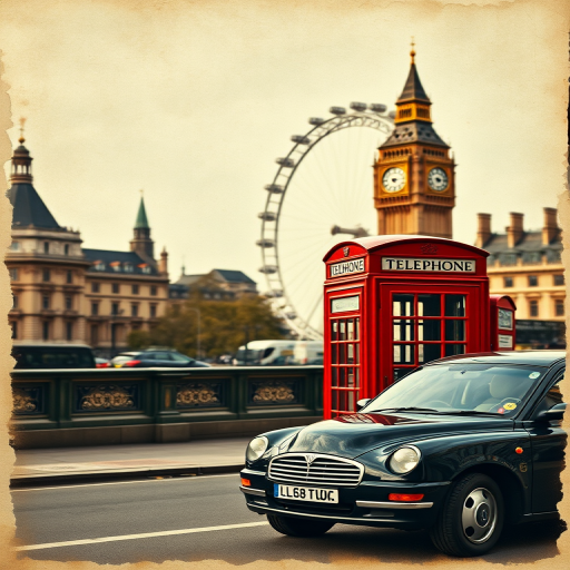 vintage postcard of London with Big Ben, London Eye, red telephone box, and black taxi cab, warm earthy tones, soft focus background, 50mm lens, f/2.8 aperture, ISO 100, natural lighting, shot from a slightly elevated angle, DSLR camera