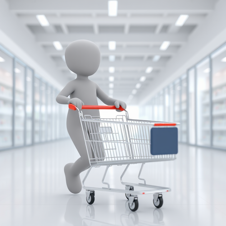 3D rendering of a grey humanoid figure pushing an empty shopping cart in a bright, minimalistic environment, camera type: DSLR, camera settings: f/2.8 aperture, ISO 100, 1/200s shutter speed, camera view: eye level, camera style: high-definition with soft lighting.