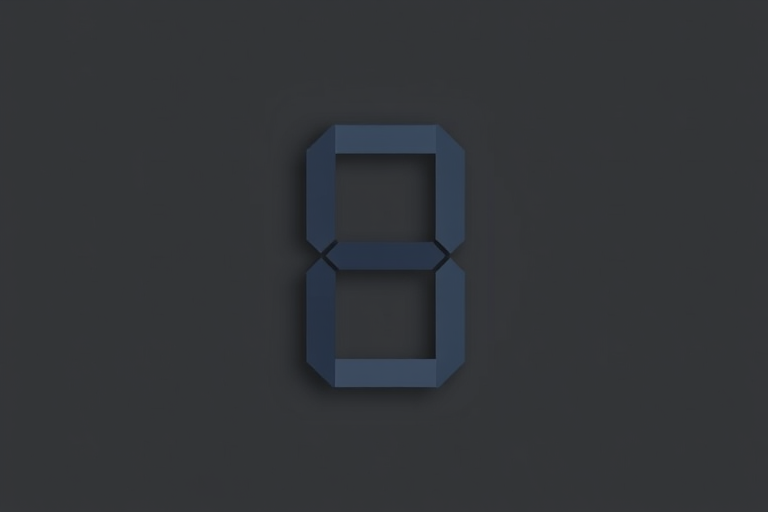 generate an image of the number 8 in a digital display style, with a minimalist design, on a gray background, using a DSLR camera at f/2.8 aperture, ISO 100, 50mm lens, and a 45-degree angle view for enhanced depth and clarity