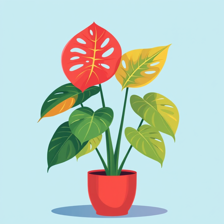 Create a vibrant illustration of a monstera plant in a red pot against a light blue background, using digital illustration techniques, 300 DPI, soft shadows for depth, and a smooth, flat color style.