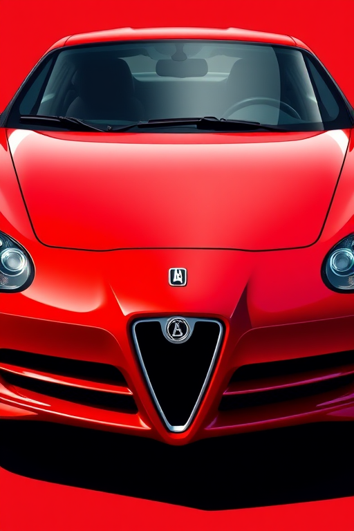 Create a high-resolution digital illustration of a front view of a red car, using a DSLR camera with a 50mm lens at f/2.8, exposure time of 1/125s, ISO 100, and vibrant color palette for enhanced image quality.